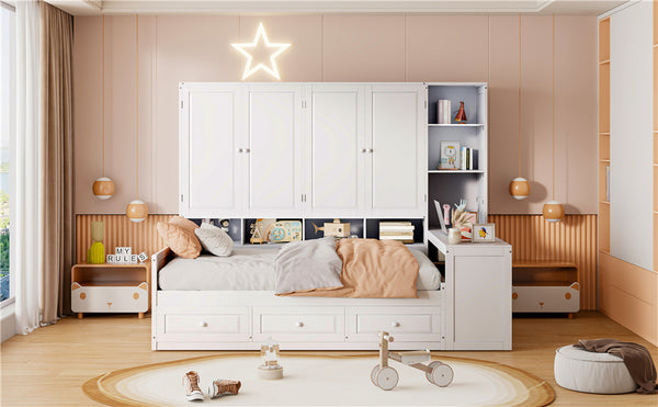 English Elm Full Size Wooden Daybed With Versatile Workspace, Three Storage Drawers, And Adjustable Shelves N820S00055K