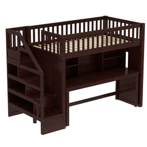 English Elm Twin Loft Bed with Movable Desk Open Shelving and Storage Stairs in Espresso W1580S00336