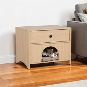 English Elm Mid-Century Minimalist Side Table with Pet Nook, Drawer & Shelf in Natural Wood Finish, 22"W x 18"H B2741P395426