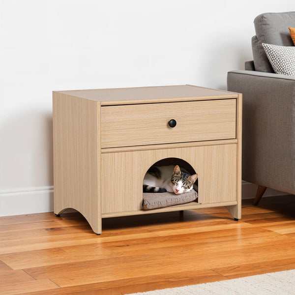 English Elm Mid-Century Minimalist Side Table with Pet Nook, Drawer & Shelf in Natural Wood Finish, 22"W x 18"H B2741P395426