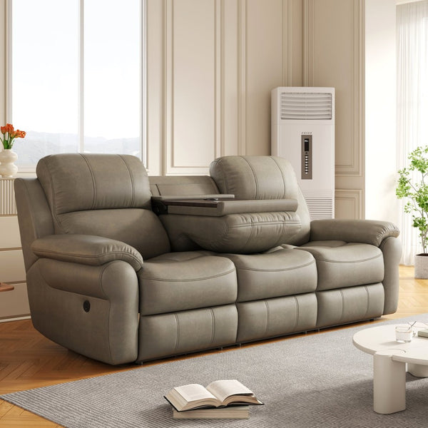English Elm Breathable Fabric Power Reclining Sofa with Wireless Charging and Drop Down Console W1896141758