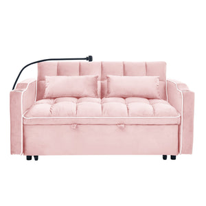English Elm 55.51 Modern Foldable Velvet Sofa Bed, 3-Length Convertible Loveseat to Full Bed with USB, Swivel Stand, Ashtray (PINK) W2353P263923