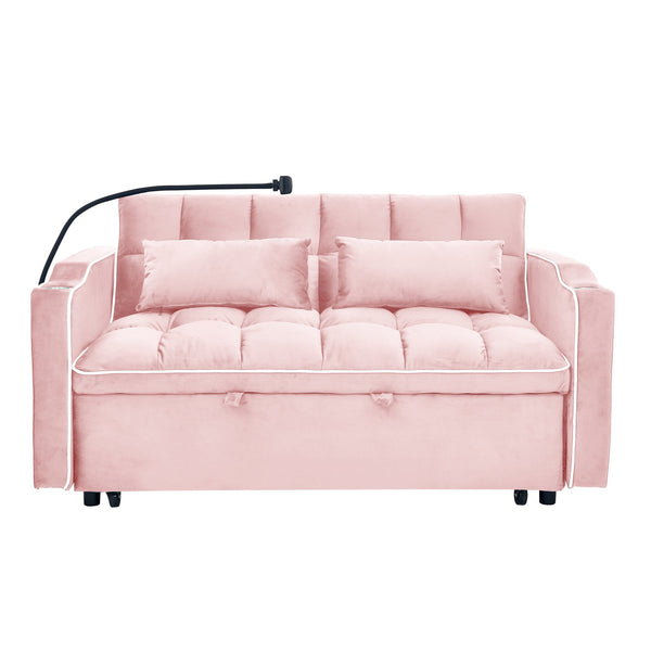 English Elm 55.51 Modern Foldable Velvet Sofa Bed, 3-Length Convertible Loveseat to Full Bed with USB, Swivel Stand, Ashtray (PINK) W2353P263923
