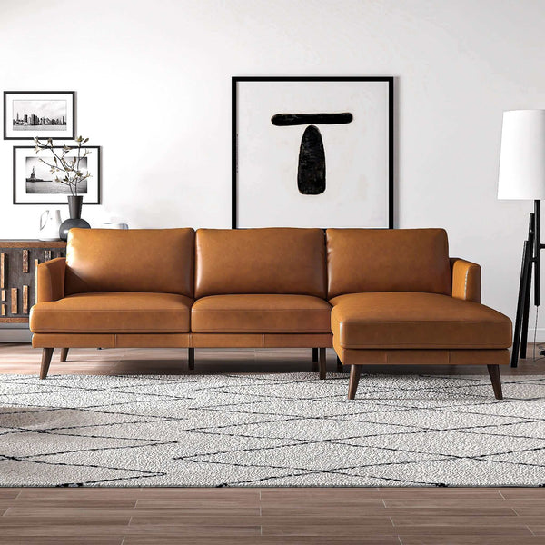 English Elm Ashcroft Furniture - Lore L-Shaped Genuine Leather Sectional In Cognac Tan - Stylish Mid-Century Modern Comfort For All B183S00028