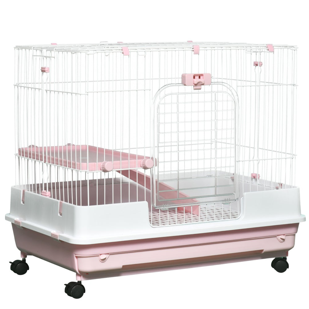 English Elm Pawhut 2-Level Small Animal Cage With Wheels, Removable Tray & Ramp For Bunnies, Chinchillas, Ferrets W2225P217536-GIGA