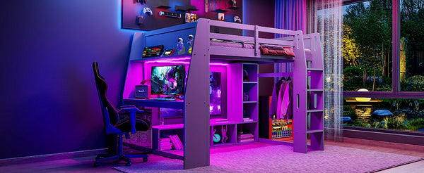 English Elm Wood Full Size Gaming Loft Bed with Integrated Desk, Shelves, LED Lighting & Hanging Clothes Rack Gray N7090001042E
