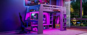 English Elm Wood Full Size Gaming Loft Bed Pine Frame with Led Lighting Desk and Storage Shelves N7090001042E-1