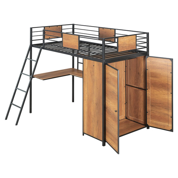 English Elm Twin Loft Bed with L-Shaped Desk and Wardrobe — Space-Saving Iron & Wood Design for Study & Storage Black SF000168AAB
