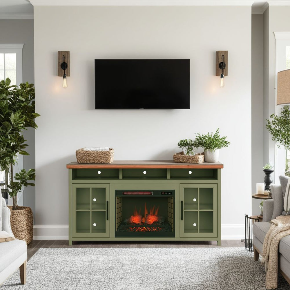 English Elm 74 Inch Fireplace TV Stand Console for TVs up to 85", Sage Green & Fruitwood, Electric Insert, Storage B108P160246