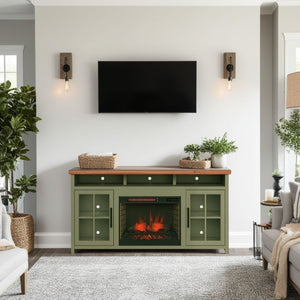 English Elm 74 Inch Fireplace TV Stand Console for TVs up to 85", Sage Green & Fruitwood, Electric Insert, Storage B108P160246