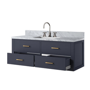 English Elm Blue Elegant Single Bath Vanity With Carrara Marble Top, Chrome Faucet Set & Soft-Close Features B2731P258007