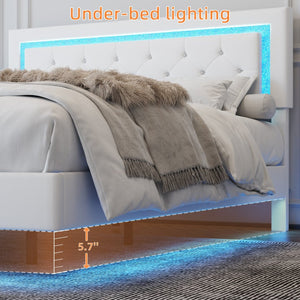 English Elm Full Size Floating Platform Bed Tufted Upholstered Headboard with Rgb Led Underlighting Beige W3107P419262