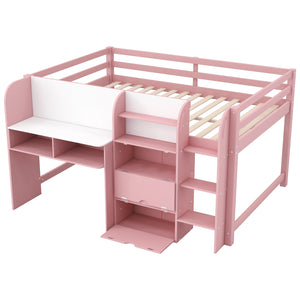 English Elm Full Size Low Loft Bed With Desk, Storage, Bookcase & Fun Whiteboard For Kids - Pink Design N7090005005H