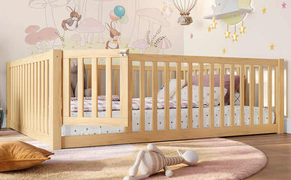 English Elm Twin Floor Bed Pine Wood Frame with Guardrails and Door for Safe Toddler Sleep Natural W1580P417671