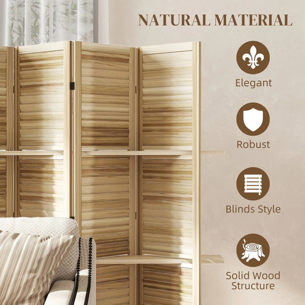 English Elm 6 Panel Paulownia Wood Louvered Room Divider with Shelves for Open Living Spaces Natural T3971P405887