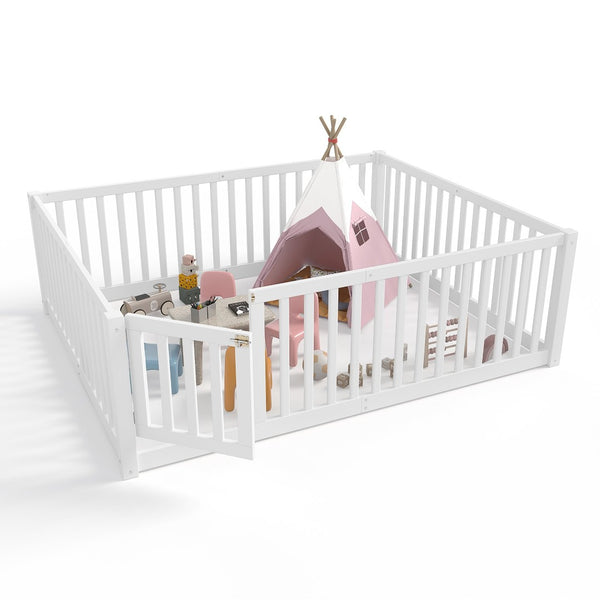 English Elm Twin Floor Bed Pine Wood Frame with Guardrails and Door for Safe Toddler Sleep Light White W1580P417670