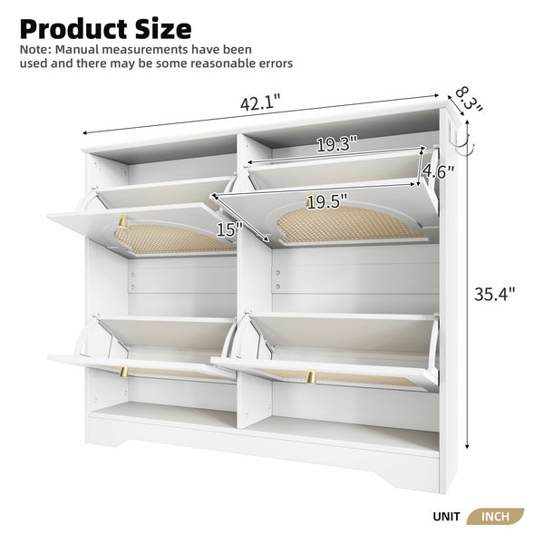 English Elm Mid-Century Rattan Flip Drawer Shoe Cabinet for Entryway — Breathable 4-Tier Organizer with Hooks and Anti-Tip Safety White N721P288701K