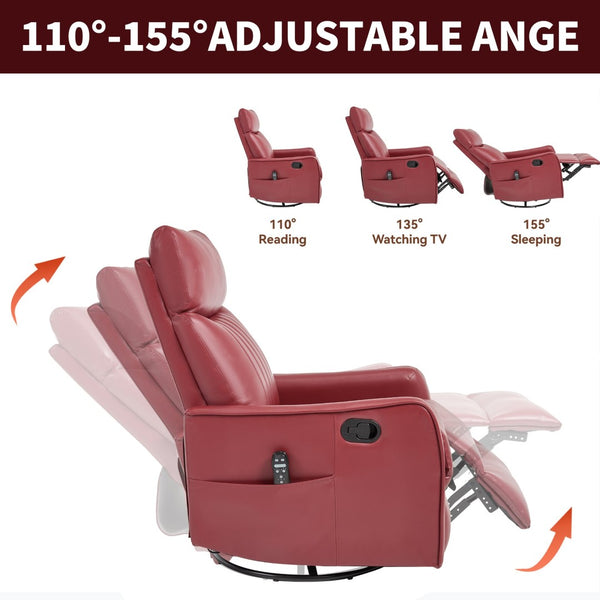 English Elm Blue Fabric Swivel Rocker Recliner with Massage Heat Nodes for Living Room Comfort Red W1803P321820