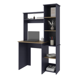 English Elm Computer Desk Kronos Blue & Natural Oak with Hutch and Side Bookshelf, 64" Modern Home Office Storage, Scratch-Resistant Shelves B128P387092
