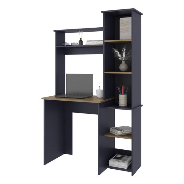 English Elm Computer Desk Kronos Blue & Natural Oak with Hutch and Side Bookshelf, 64" Modern Home Office Storage, Scratch-Resistant Shelves B128P387092