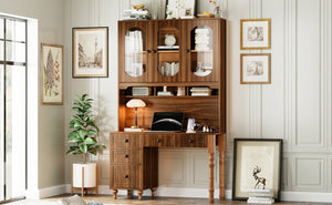 English Elm 47'' Retro Desk with Charging Ports, 5 Drawers & Glass-Door Hutch Cabinet for Home Office Walnut N733S357626D