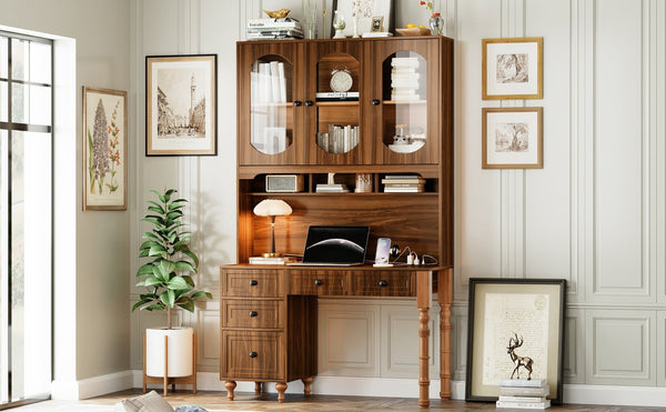 English Elm 47'' Retro Desk with Charging Ports, 5 Drawers & Glass-Door Hutch Cabinet for Home Office Walnut N733S357626D