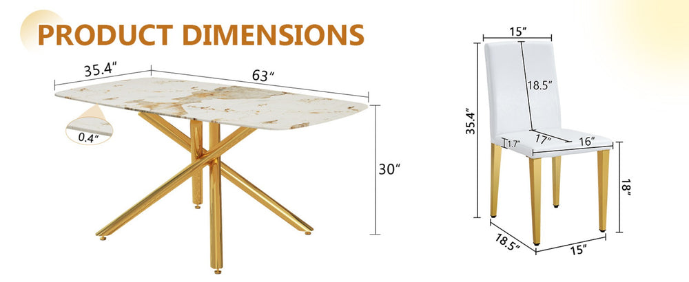 English Elm Table and Chair Set 5 Piece Round Tempered Glass Top Gold Metal Base Dining Room White+Gold W1151S04780