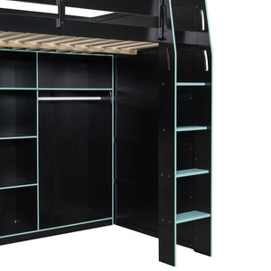 English Elm Full Size Loft Bed with Rgb Lighting Desk Open Wardrobe and Storage for Gaming Rooms Blue LT000277AAC