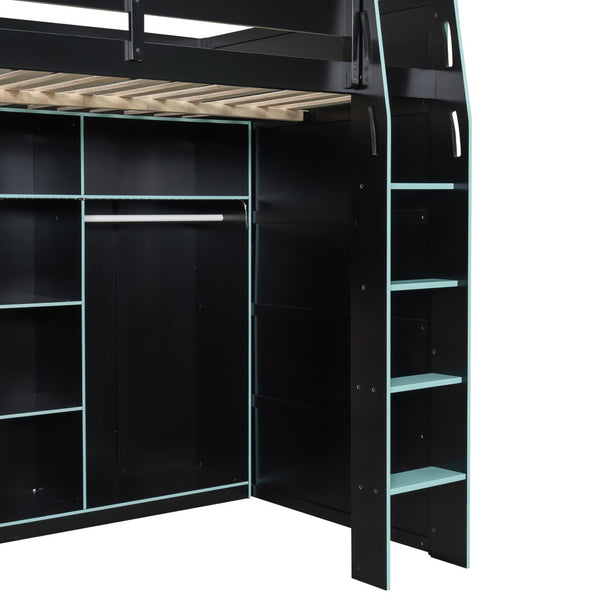 English Elm Full Size Loft Bed with Rgb Lighting Desk Open Wardrobe and Storage for Gaming Rooms Blue LT000277AAC
