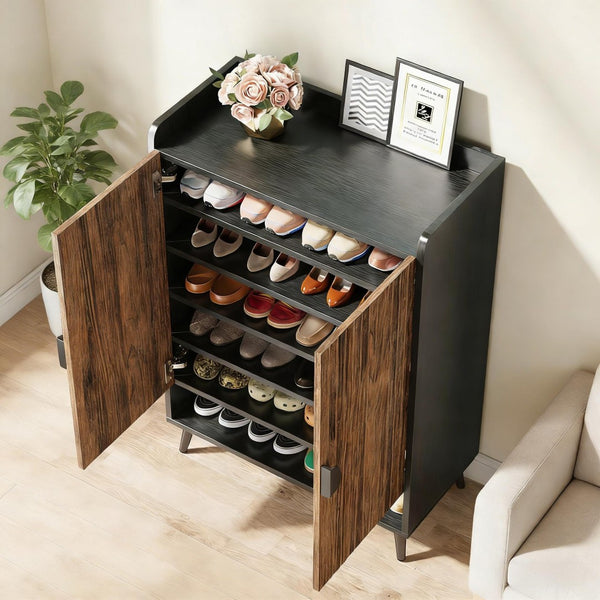 English Elm Rustic Seven Tier Shoe Cabinet with Swing Doors Adjustable Entryway Organizer Black,Rustic Brown T3971P448681