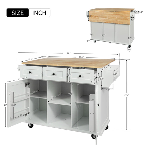 English Elm Kitchen Cart with Drop-Leaf Rubberwood Countertop, Rolling Island with Cabinet, Drawers & Racks for Dining Room - Stylish Durable Storage Solution White WF298028AAW