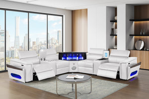 English Elm Nova Tech Sectional with Led Bar Bluetooth Speakers Power Recliners and Freezer Console White B009S02171