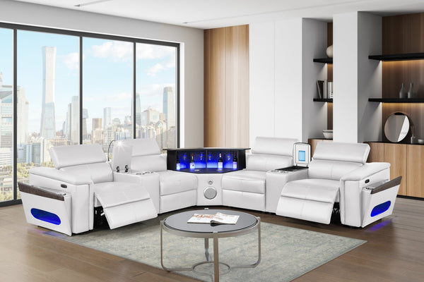 English Elm Nova Tech Sectional with Led Bar Bluetooth Speakers Power Recliners and Freezer Console White B009S02171