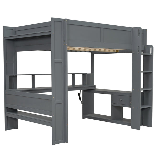 English Elm Wood Full Size Gaming Loft Bed with Desk, LED Lights, USB Charging Ports & Multi Storage Dark Gray SM000374AAE
