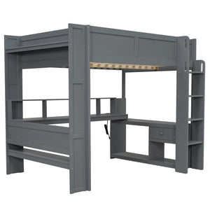 English Elm Wood Full Size Loft Bed with Built-in Desk Led Lighting and Charging Station SM000374AAE-1