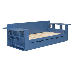 English Elm Queen Daybed with Hydraulic Desk Storage Drawers and Convertible Sofa for Small Spaces Blue LT000272AAC