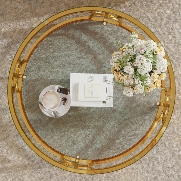 English Elm Round Tempered Glass Coffee Table with Gold Geometric Metal Base and Open Storage Shelf Transparent N735P396530K