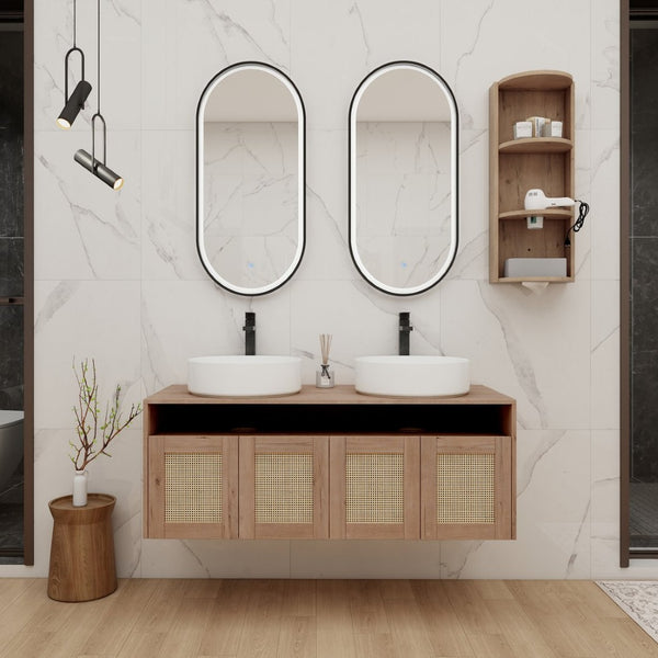 English Elm 48" Floating Bathroom Vanity Dual Ceramic Vessel Sinks Oak Finish Soft Close Doors W999S00504