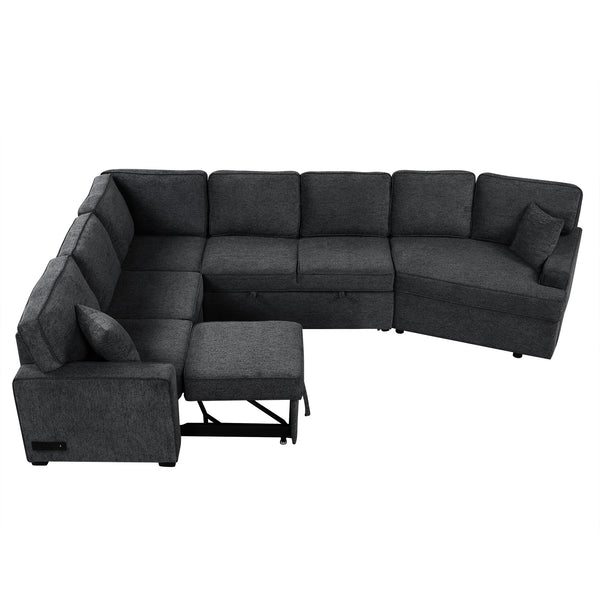 English Elm 126" L-shaped Sectional Sofa with Pull-Out Bed, Built-In USB Charging & Cup Holders, Chenille Upholstery Black+Blue N719S001530C
