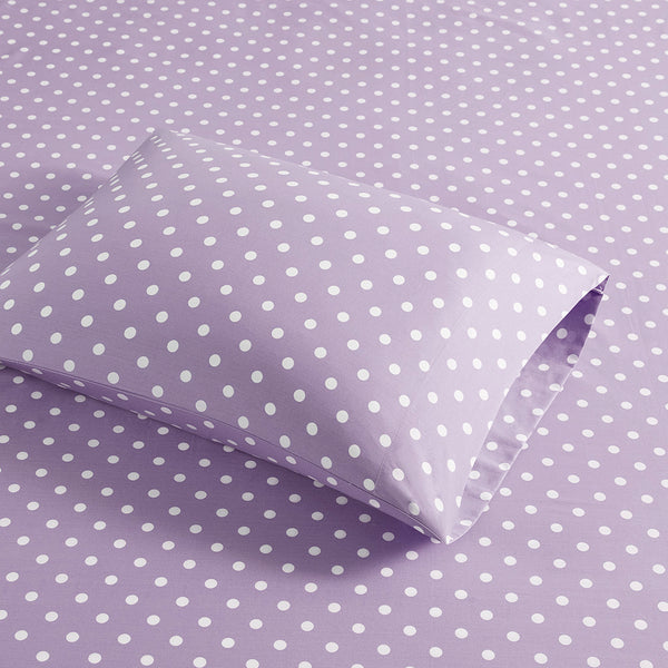 JLA Home Mi Zone - Printed Cotton Sheet Set for Kids with Cheerful Polka Dots, OEKO‑TEX Certified, Breathable Percale Comfort Purple MZ20-418