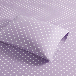 JLA Home Mi Zone - Printed Polka Dot 100% Cotton Sheet Set for Kids — Breathable OEKO-TEX Percale, Durable & Cozy Purple MZ20-419