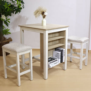 English Elm 3 Piece Counter Height Dining Set with Shelving Cushioned Stools Modern Farmhouse Kitchen Ameican White Oak,Ancient White W2537P369837