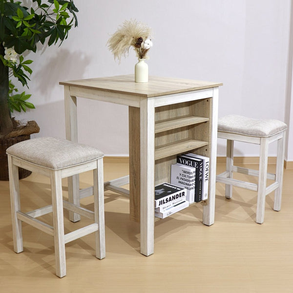 English Elm 3 Piece Counter Height Dining Set with Shelving Cushioned Stools Modern Farmhouse Kitchen Ameican White Oak,Ancient White W2537P369837