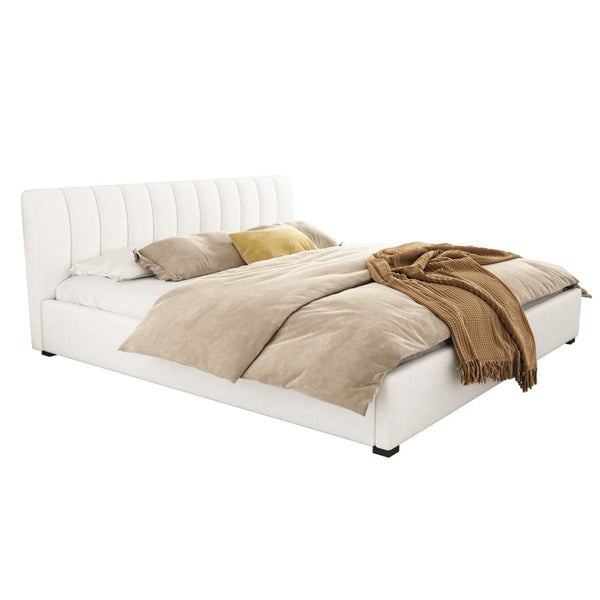 English Elm King Linen Upholstered Bed Curved Headboard Soft Pack Rubberwood Legs Neutral Bedroom N757K374304I