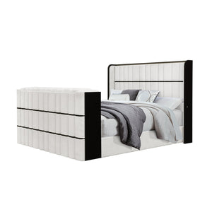 English Elm Isaiah Luxury Bed with 50" TV Lift, Built‑In Speakers, LED Lighting and Fireplace in White/Black King B201S00410