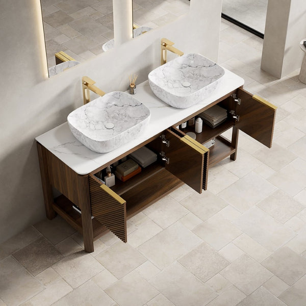 English Elm Dina 60 Inch Floating Bathroom Vanity Sintered Stone Top Dual Glass Basins Wood Grain W2615S00514