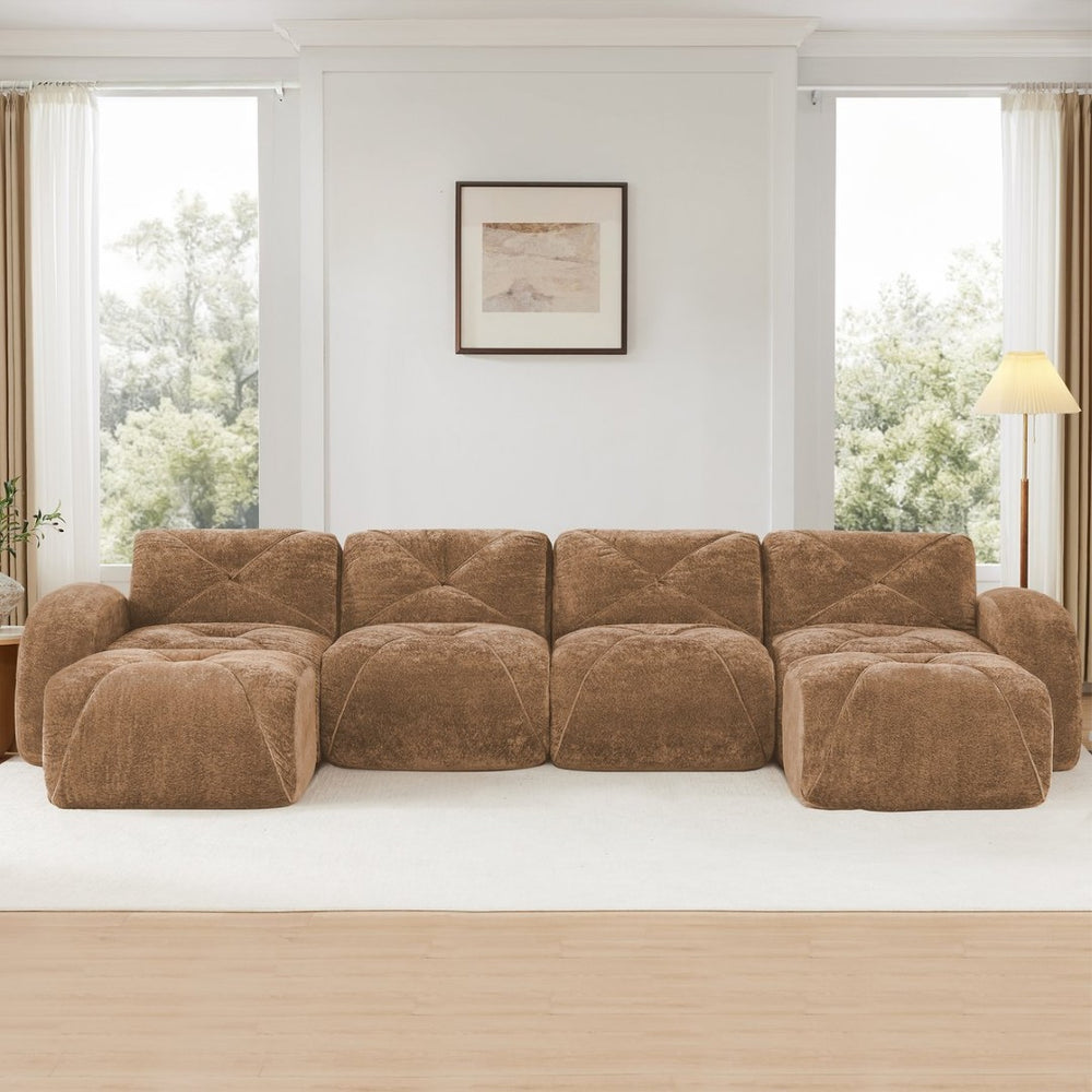 English Elm U-shaped Modular Velvet Sofa Tufted Cushions High Density Foam Living Room Sectional Camel W714S01602