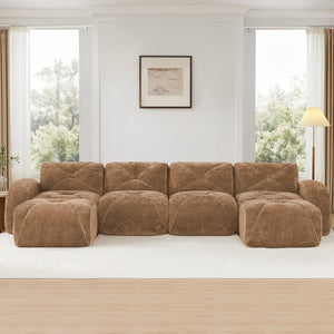 English Elm U-shaped Modular Velvet Sofa Tufted Cushions High Density Foam Living Room Sectional Camel W714S01602