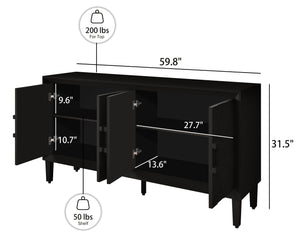 English Elm 60" Distressed Black Farmhouse Credenza with Sunburst Doors, 200lb TV Top, Adjustable Shelves & Anti-Tip Safety W1445P303027