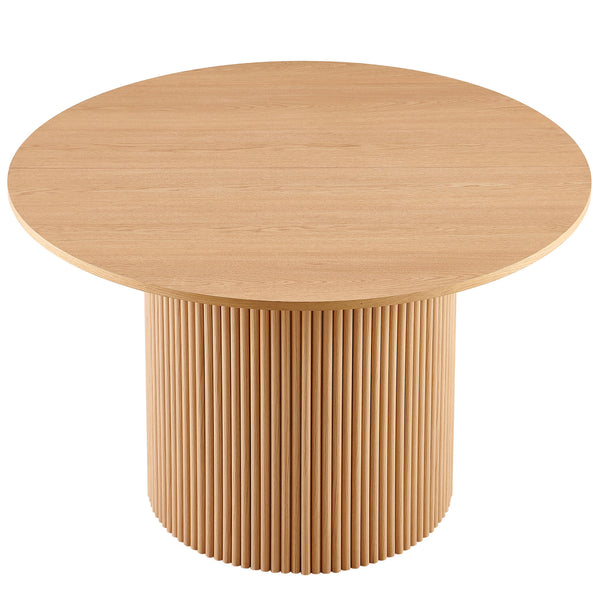English Elm Oak 47" Round Dining Table with Oak Veneer Top, Mid-Century Wood & Metal Base, Sturdy Roman Column Design W1164P225836